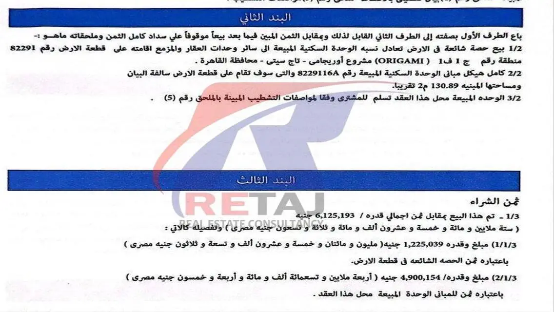 شقة ريسيل للبيع في كمبوند تاج سيتي في التجمع الأول