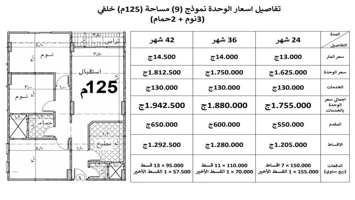 شقة رائعة للبيع بمساحة 125 متر في قلب المدينة